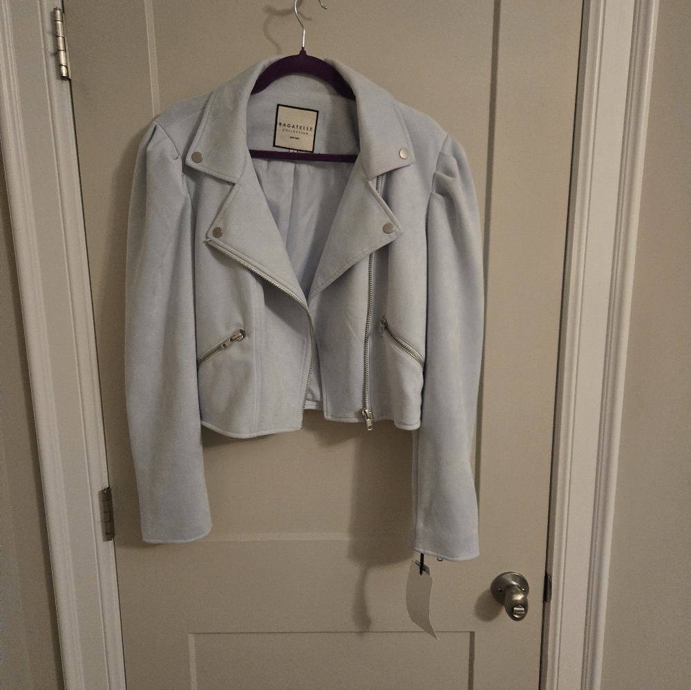 Bagatelle Faux Suede Moto Jacket Puff Sleeve Zip Front Powder Blue M NWT